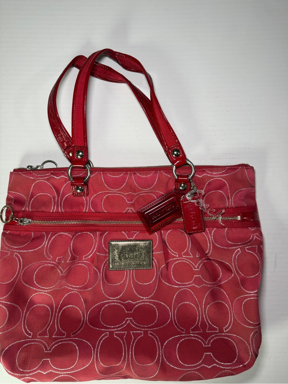 Coach Poppy Ruby Pink Signature C Canvas Tote (Style No. 15389)